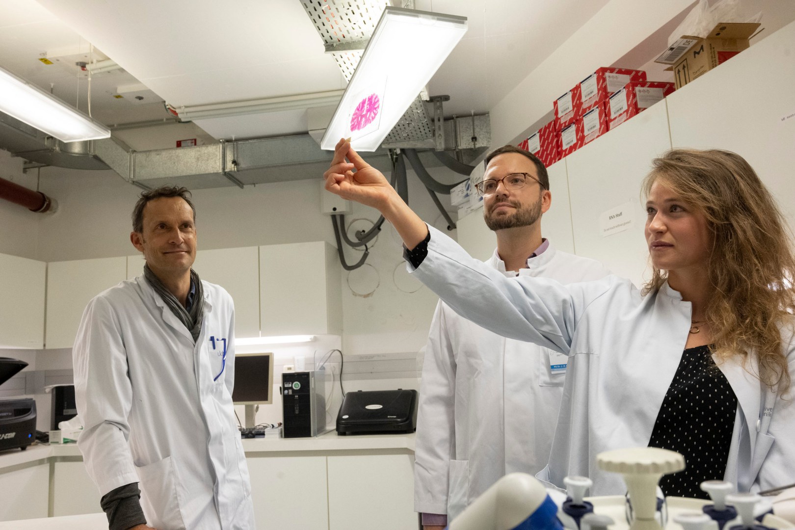 Betrachten ein neuropathologisches Großschnittpräparat (von links): - Prof. Dr. Albert Becker, Dr. Juri-Alexander Witt und Annika Reimers im Institut für Neuropathologie am Universitätsklinikum Bonn.