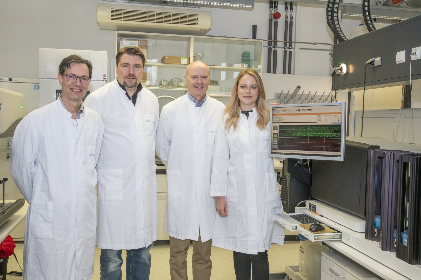 Bonn researchers identify new risk locus in the genome for ACE inhibitor-induced angioedema: - (from left) Prof. Bernhardt Sachs from the BfArM and Prof. Andreas Forstner, Prof. Markus Nöthen and Carina Mathey from the Institute of Human Genetics of the UKB and the University of Bonn.